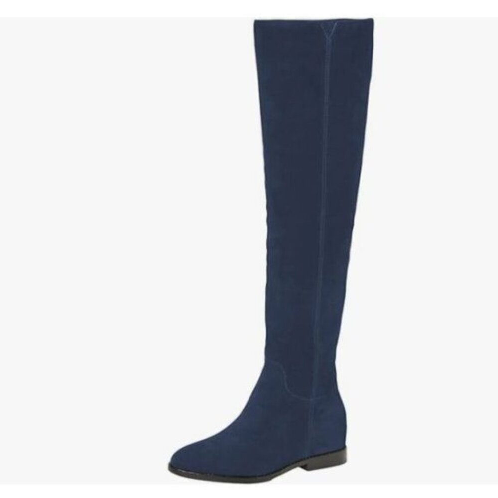 Blue Almond Toe Knee High Boots with Partial Zipper Stretchy Cold Long Boot